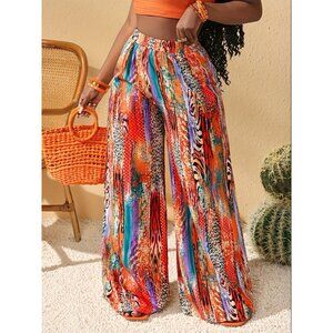 Vibrant Multicolor Wide Leg Palazzo Pants – Boho Festival Style (Size L)
